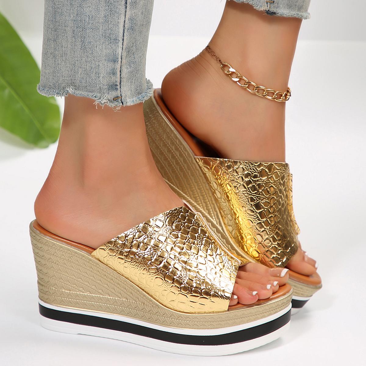

Золото Серебро Узор аллигатора Удобные женские тапочки Сандалии на танкетке с массивной платформой Женские тапочки на супервысоком каблуке Женские 41 золотой