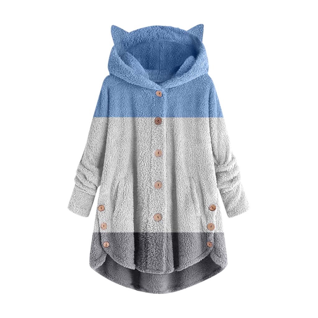 Damen Knopf Kapuzenpullover mit Taschen Katzenohren Plüschtop Unregelmäßiger Druck Spleißjacke