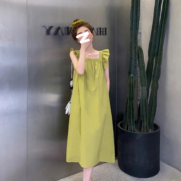 

2026 Spring/Summer Playful Princess Square Neck Puff Sleeve Maternity Dress - Trendy Korean Style for Moms M зелений