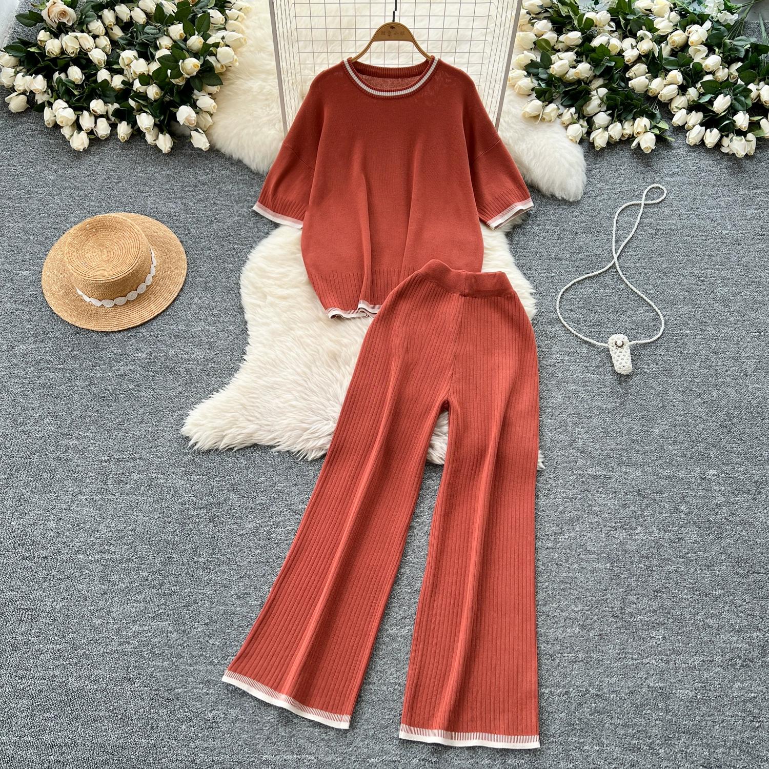 

Летний женский трикотажный свитер, брюки, комплект из двух предметов, женский свитер с коротким рукавом, топ и брюки длиной до щиколотки, спортивный костюм One Size оранжевый