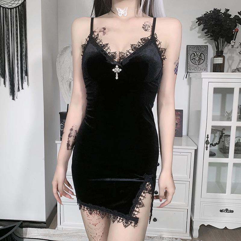 Dark Style Lace Trim Velvet Camisole Dress - Hip-Hugging Spicy Girl Skirt (European & American)