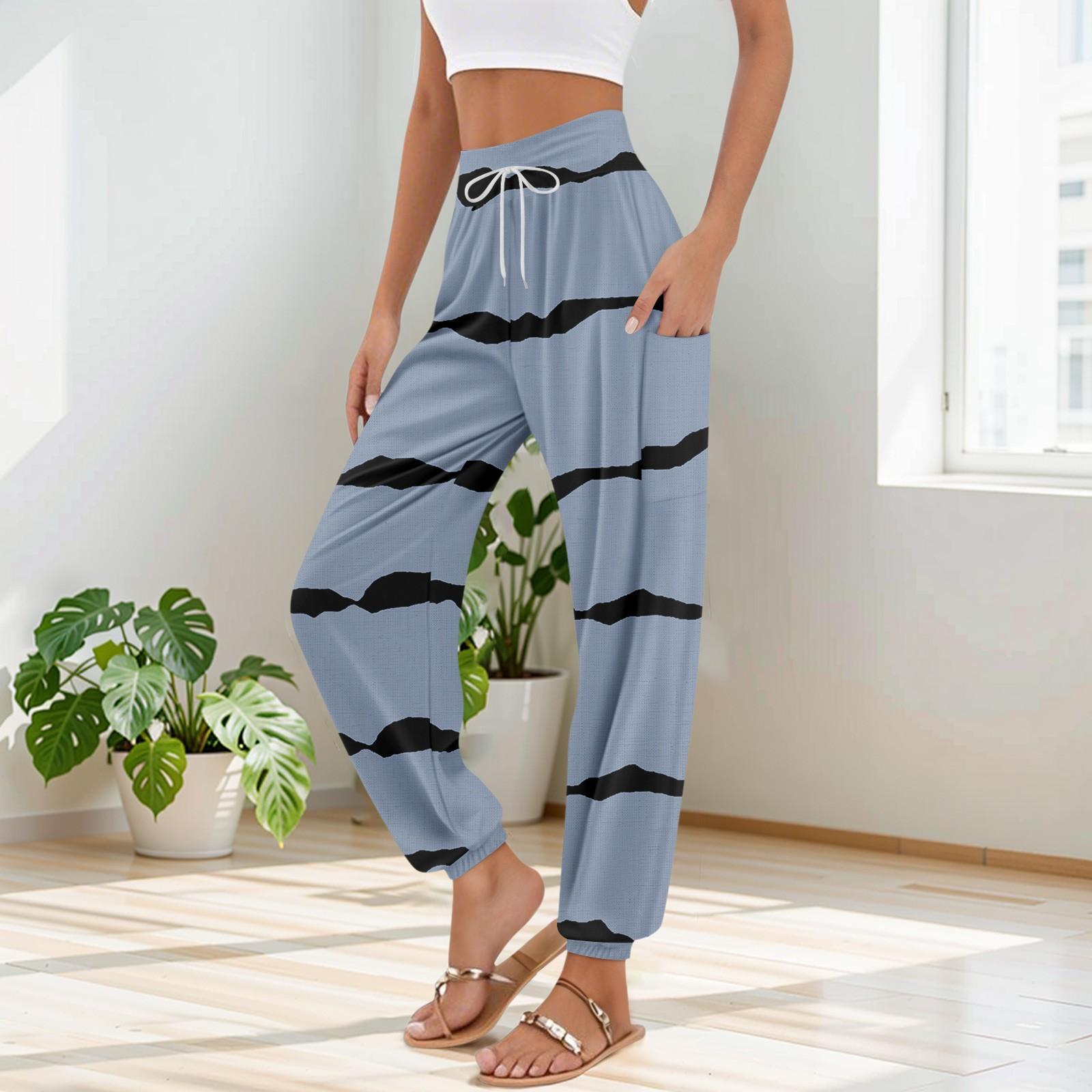 

Женские брюки с карманами и завязками на талии, повседневные брюки с принтом в полоску для йоги S циан