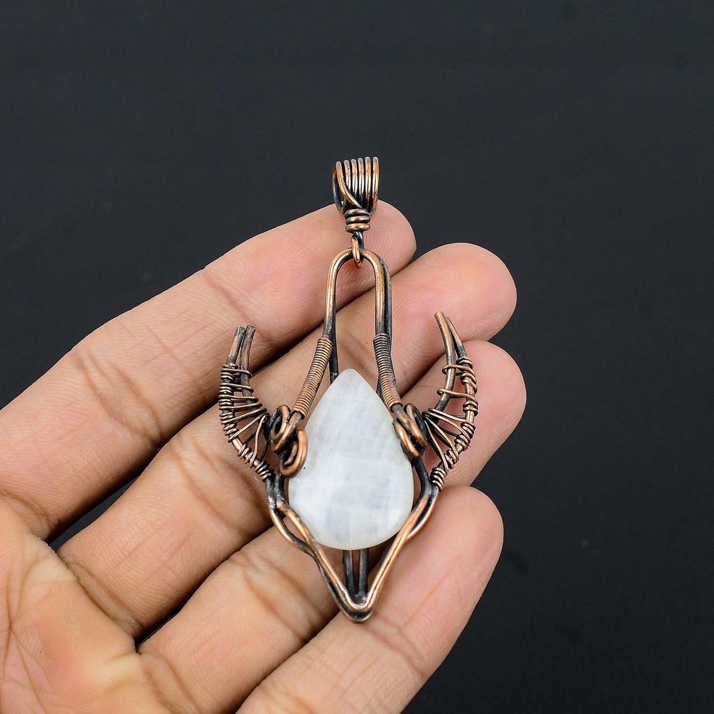 Moonstone 999 Copper Wire Wrapped Pendant, Handmade Gemstone Bull Face Pendant, Gift For Mom Antique Jewelry