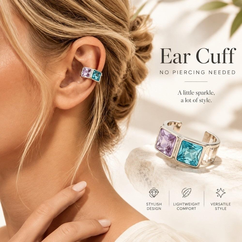 Colorful Crystal Ear Clip Light Luxury Geometric Ear Clip Durable Cartilage Earring Festival Gift