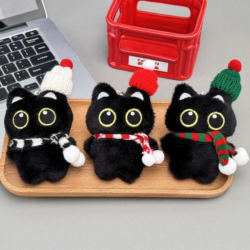1Pc Cartoon Christmas Plush Black Cat Keychain Backpack Hanging Decoration Kawaii Soft Stuffed Doll Toy Bag Pendant Couples Gift