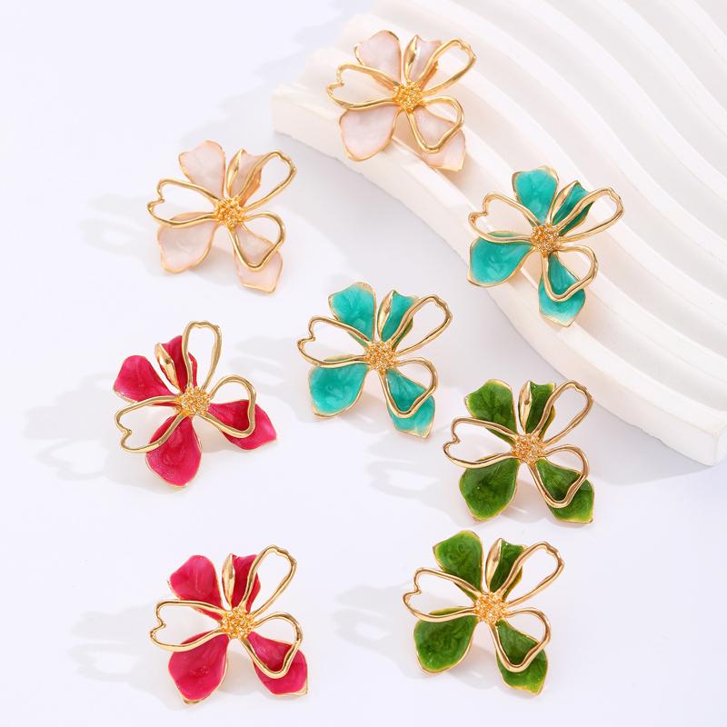 Vintage Colored Drop Glazed Double-Layer Flower Stud Earrings for Women Temperament Unique Metal Petal Earrings Fashion Jewelry