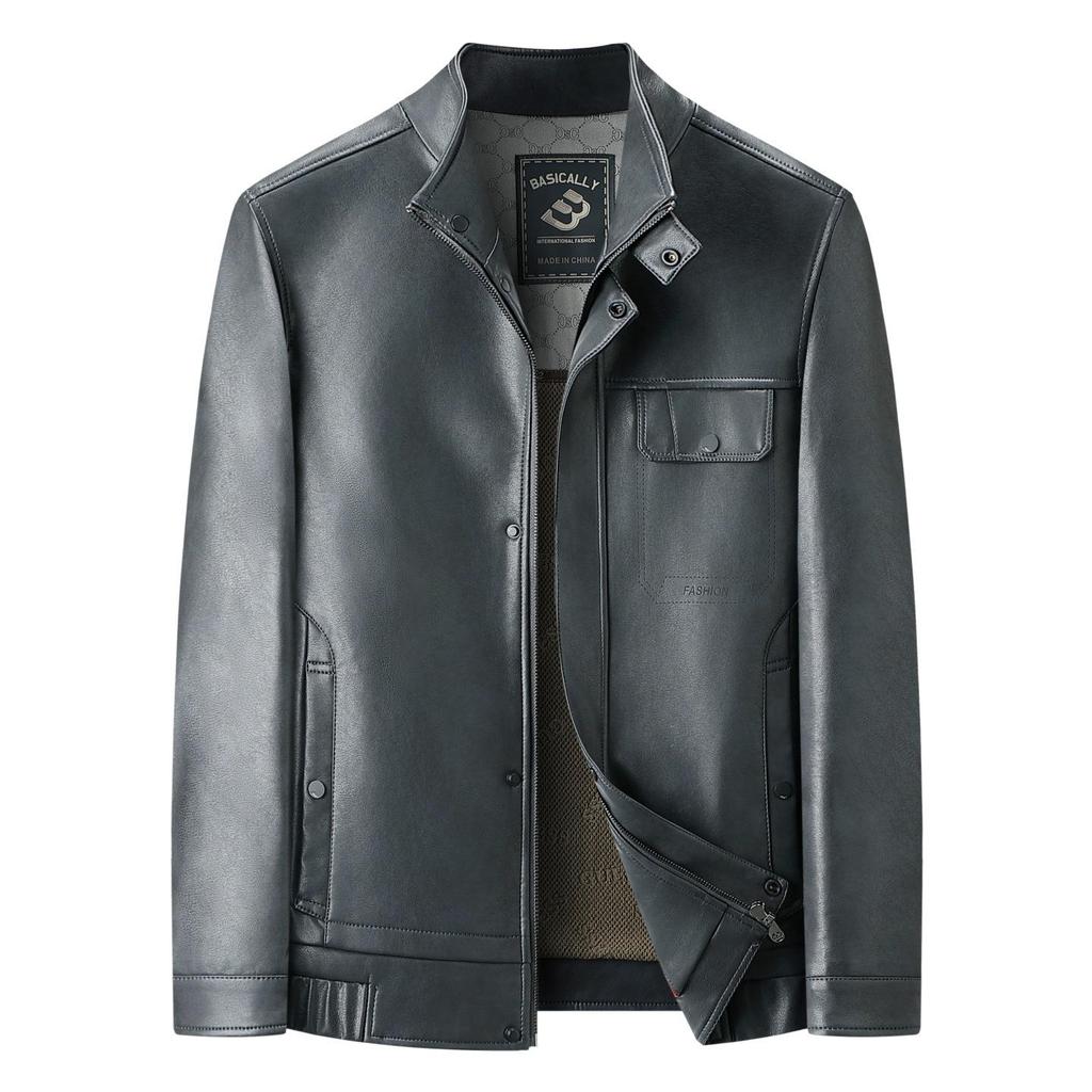 Brand Versatile Men's Stand Collar Leather Jacket, 2025 Spring/Autumn Collection - Cool Motorcycle Style for Mid-Aged and Young Men