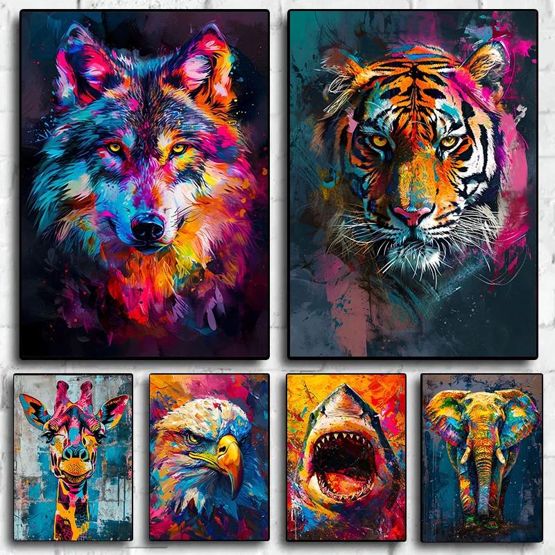 Abstrakter Graffiti Löwe Adler Wolf Tiger Buntes Tier Poster Druck Leinwandbild Wandkunst Bild für Wohnzimmer Heimdekoration