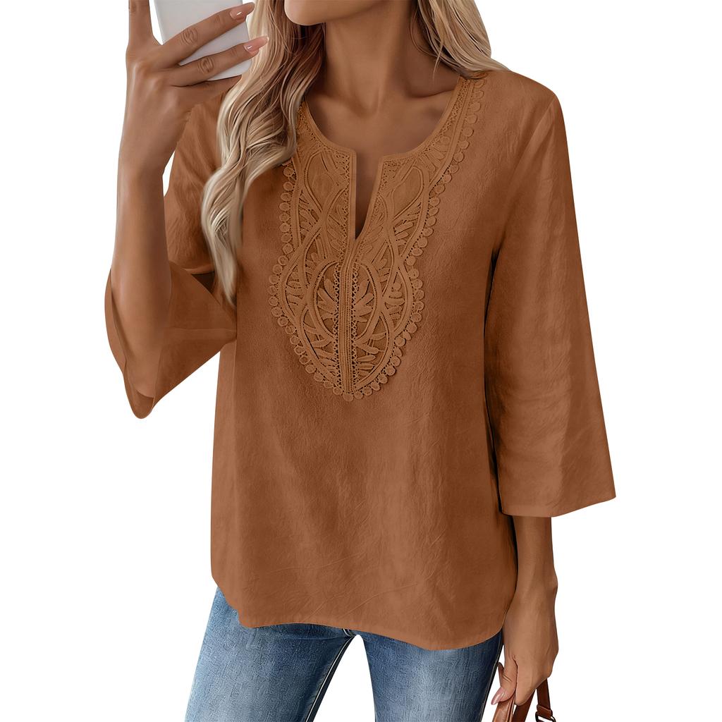 Blusa Casual da Donna con Maniche a 3/4 Ricamata, Vestibilità Larga, Tunica con Scollo a V Spaccato per l'Uso Quotidiano, Stile Comodo