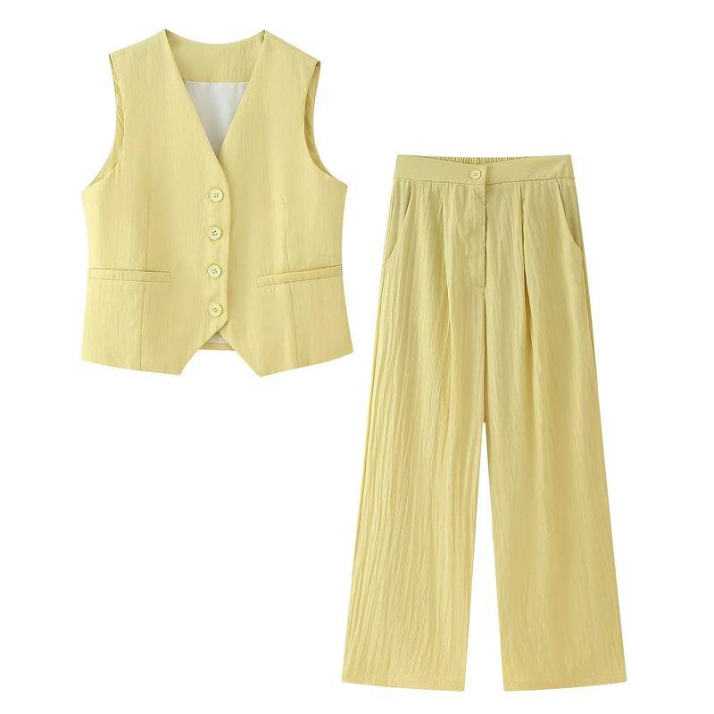 

Summer New Product Women s Clothes American Style Commute Style V Neck Sleeveless Single Breasted Vest Top + Casual Pants Suit Yellow Suit L