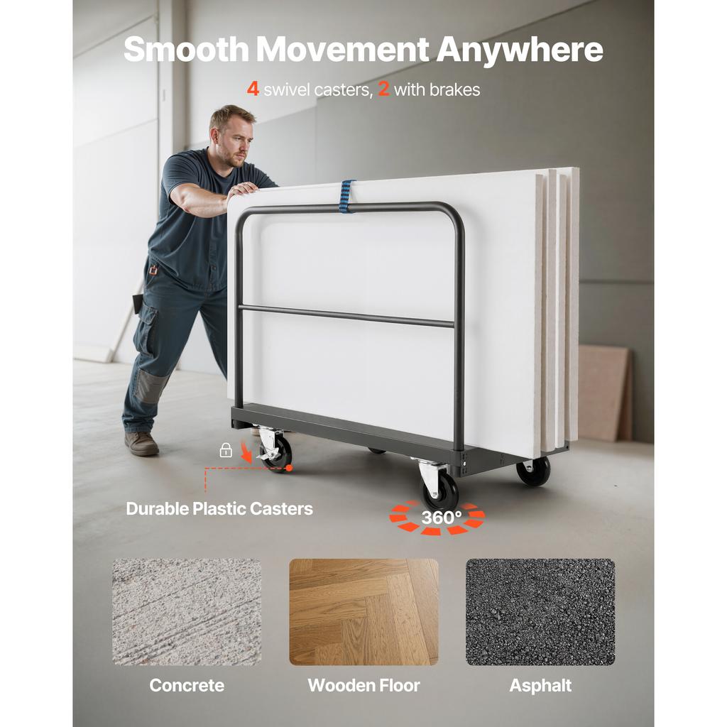 SucceBuy Drywall Cart Dolly 1800 lbs Load Capacity 2-in-1 Steel Panel with Casters Platform Truck with Handrails for Factory