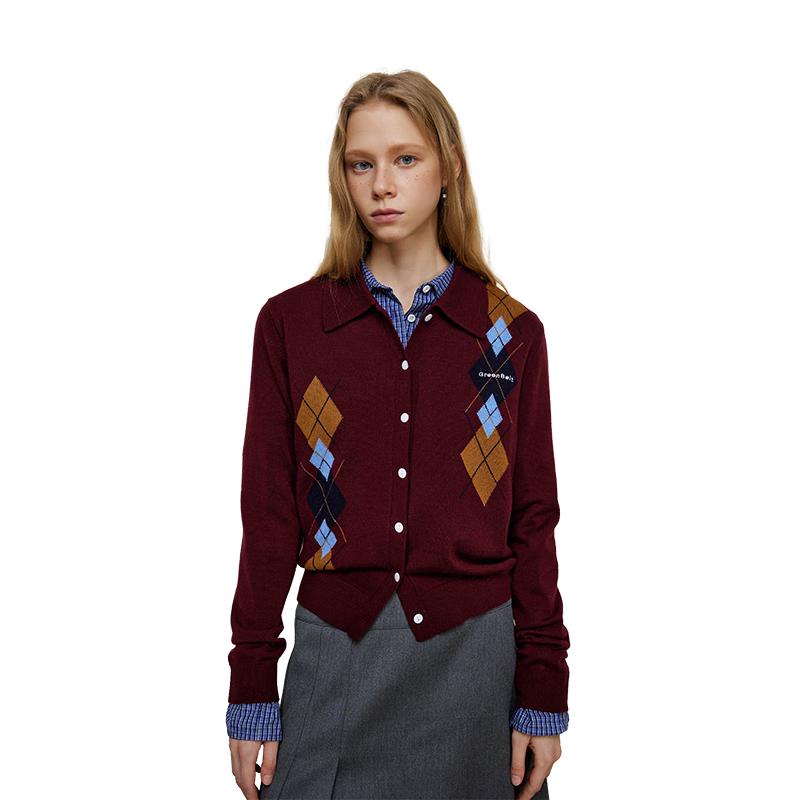 GREEN BELT Women's Retro Contrast Argyle Wool Blend Knit Cardigan