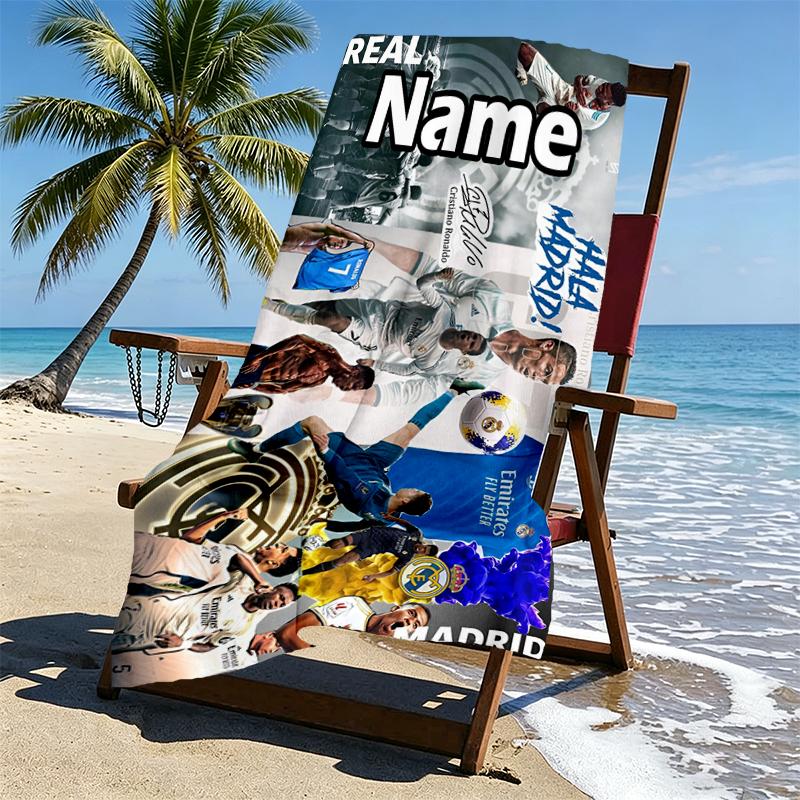 Custom Name Personalized Real Madrid Print Beach Towel, for Trip Camping Beach Party Home Decor, Birthday Gift for Family & Friends