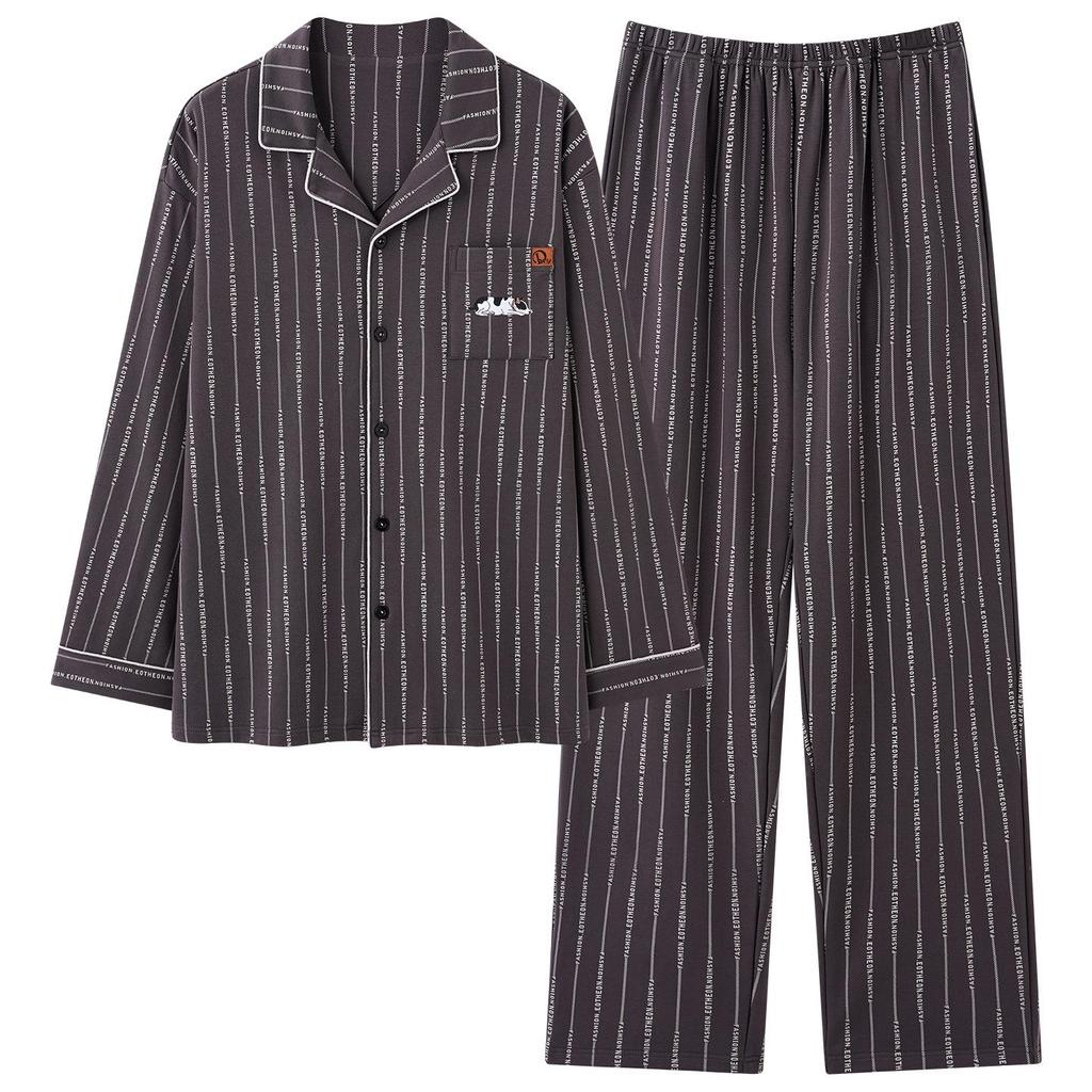 Spring 2026 Men's Striped Cotton Pajamas - Long Sleeve Korean Style Loungewear for Mid-Aged & Young Men