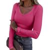 Women Ribbed Slim Long Sleeve Top, Sexy V Neck Long Length Casual T-shirt
