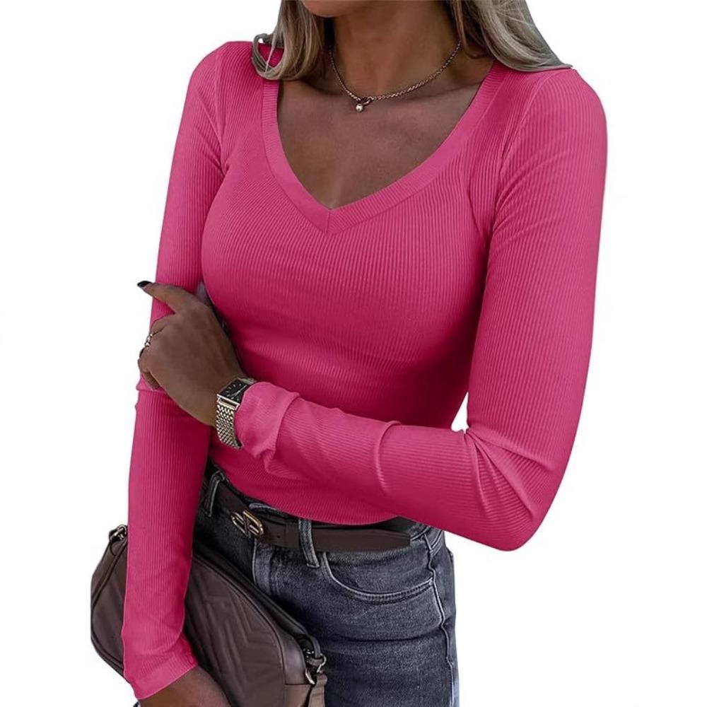 Women Ribbed Slim Long Sleeve Top, Sexy V Neck Long Length Casual T-shirt