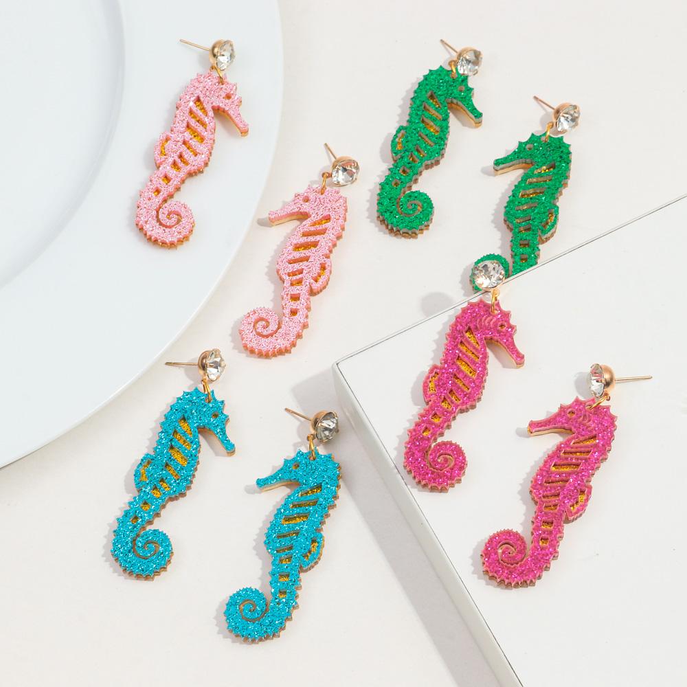 New Glitter Colorful Seahorse Acrylic Earring for Women Creative Funny Animal Long Drop Earrings Fashion Jewelry Gift