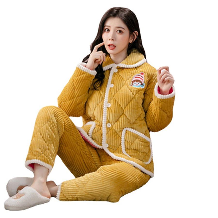 Women's Winter Three-Layer Fleece Pajamas, Coral Velvet Flannel Winter Warm Pajamas for Outdoor Wear Home Clothes