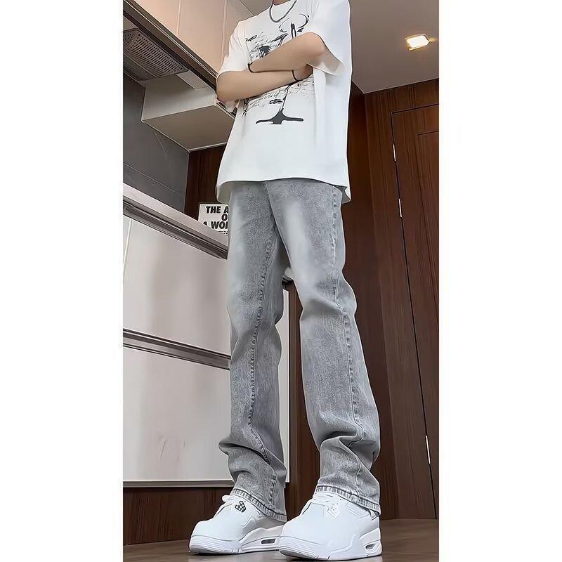 Cement smoke gray jeans men's spring and summer tide brand American retro high street vibe straight micro-pull versatile pants