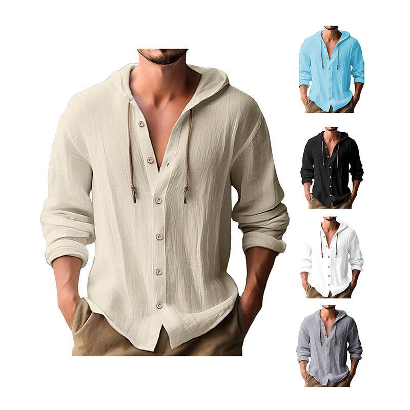 2024 Men's Solid Color Cotton-Linen Hooded Long-Sleeve T-Shirt for Spring & Summer