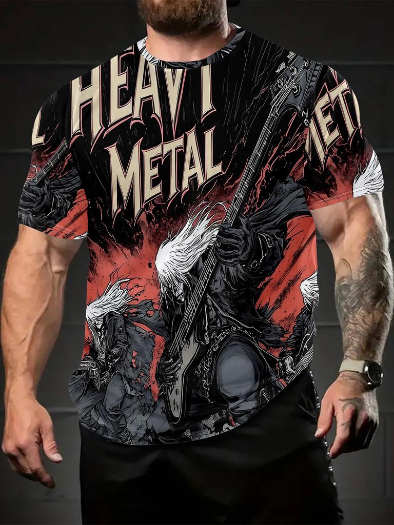Heavy Metal Guitar Warrior 3D Print Men's Round Neck T-Shirt – Summer Casual Fashion, Breathable Outdoor Wear, Perfect for Gym, Running, or Gift
