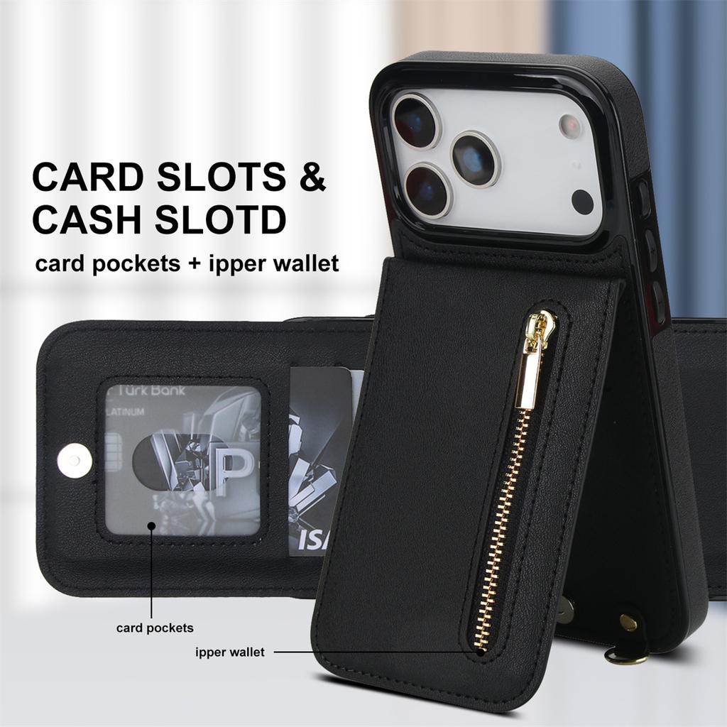 Crossbody Zipper Wallet Card Holder Leather Phone Case for 16 Pro Max 17 Air 16E 15 14 Plus 13 12 11 XR XS Bracket Cover