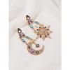 Vintage Asymmetrical Sun Moon Star Drop Earrings Multicolor Rhinestone Enamel Celestial Long Dangle Earrings for Women