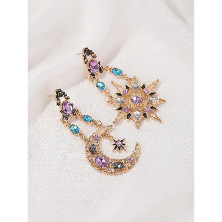 Vintage Asymmetrical Sun Moon Star Drop Earrings Multicolor Rhinestone Enamel Celestial Long Dangle Earrings for Women