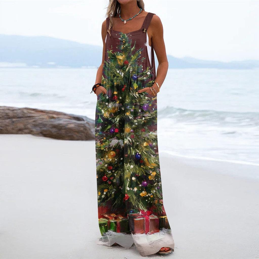 Women's Christmas Print Solid Wide Leg Strapless Tank Pocket Casual Onesie