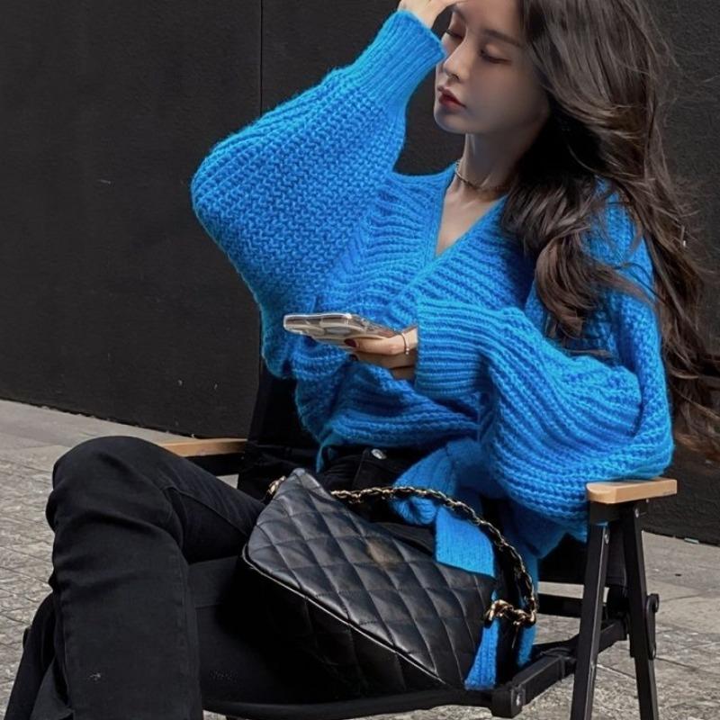 Koreanische Mode Strickjacke Pullover Frauen Herbst Vintage Spitze-up Unregelmäßigen V-ausschnitt Lose Langarm Sexy Abgeschnitten Pullover