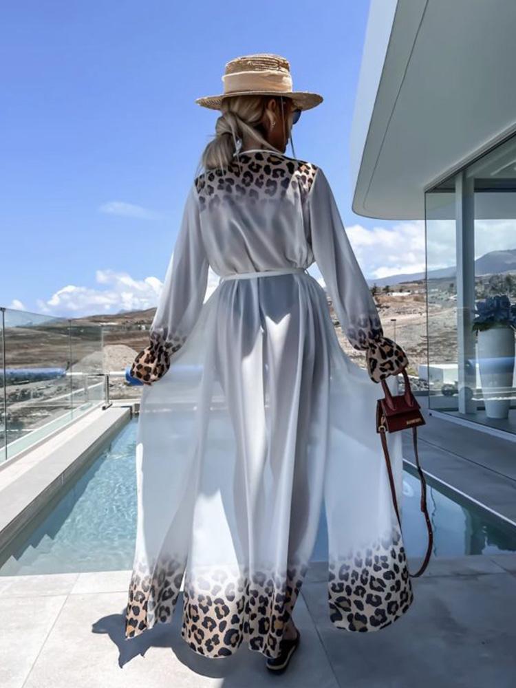Leopard Print Beachwear Bathing Suit Coverup Plus Size Chiffon Long Sleeve Maxi Dress Open Front Kimono Cardigan Lightweight Tunic Belt Outfit A2705