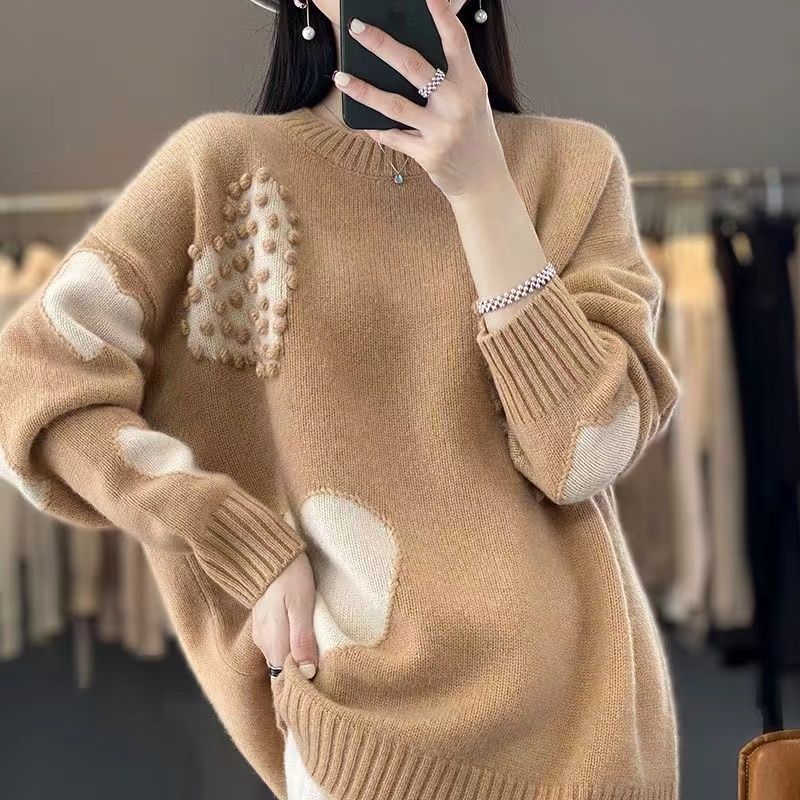 Женский шерстяной свитер Толстый Теплый Свободный Пуловер Шерстяной Свитер Повседневный Пуловер с Цветными Блоками Вязаный Джемпер 2XL верблюд