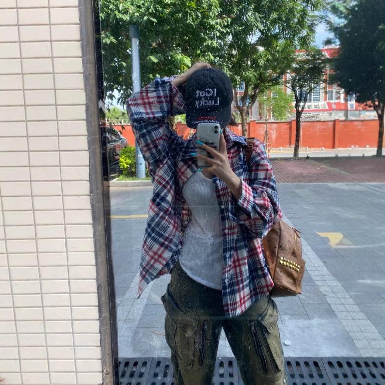 

Men s Retro Color Block Distressed Plaid Long Sleeve Jacket Shirt - Casual Loose Fit, 2025 Autumn Collection M