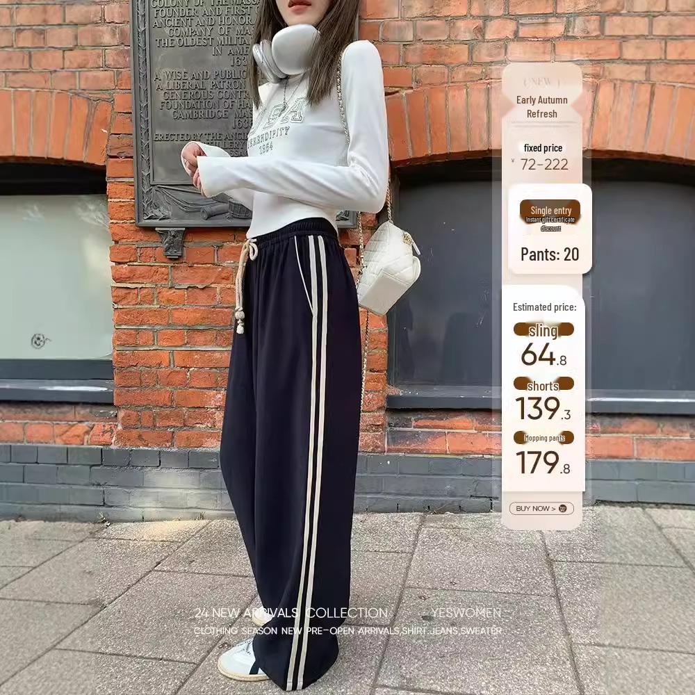 Women's Retro Color-Block Striped Wide-Leg Pants - Spring/Autumn Casual Loose Slimming Straight-Leg Long Sports Pants