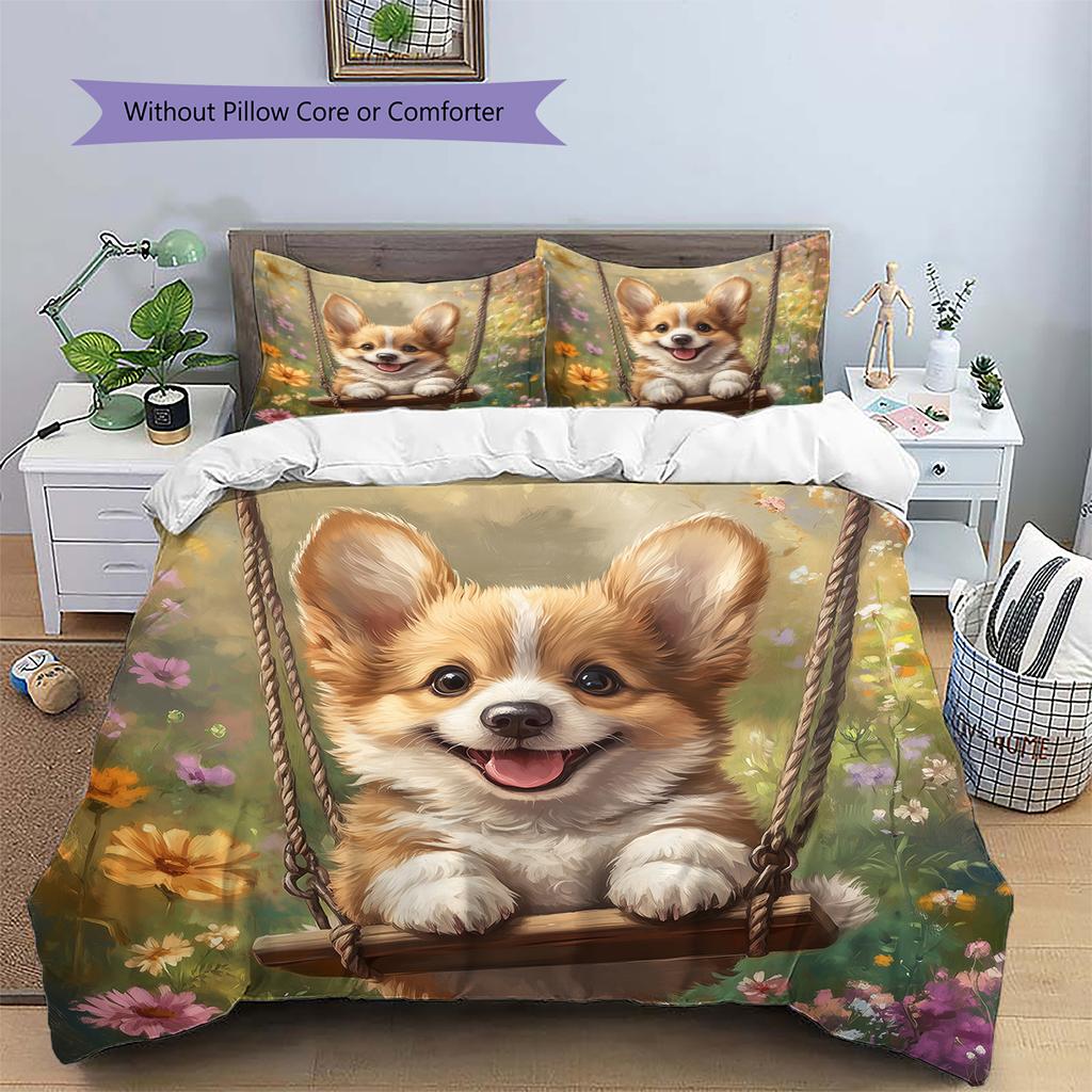 Cute Corgi Pattern Bedding Home Decoration Birthday Gift (1 * duvet cover + 2 * pillowcase, without core)