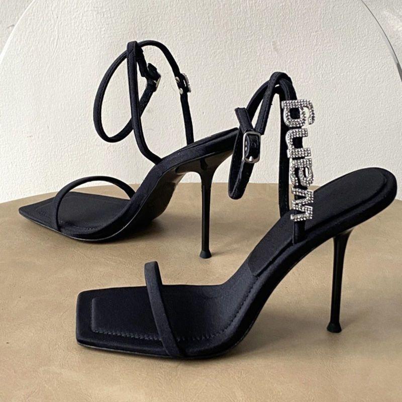 King rhinestone French high heels for women who are not tired of feet with sandals for women's summer fashion black new models