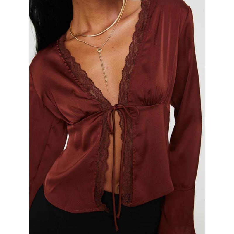 Women S V Neck Long Sleeve Lace Bow Open Front Top