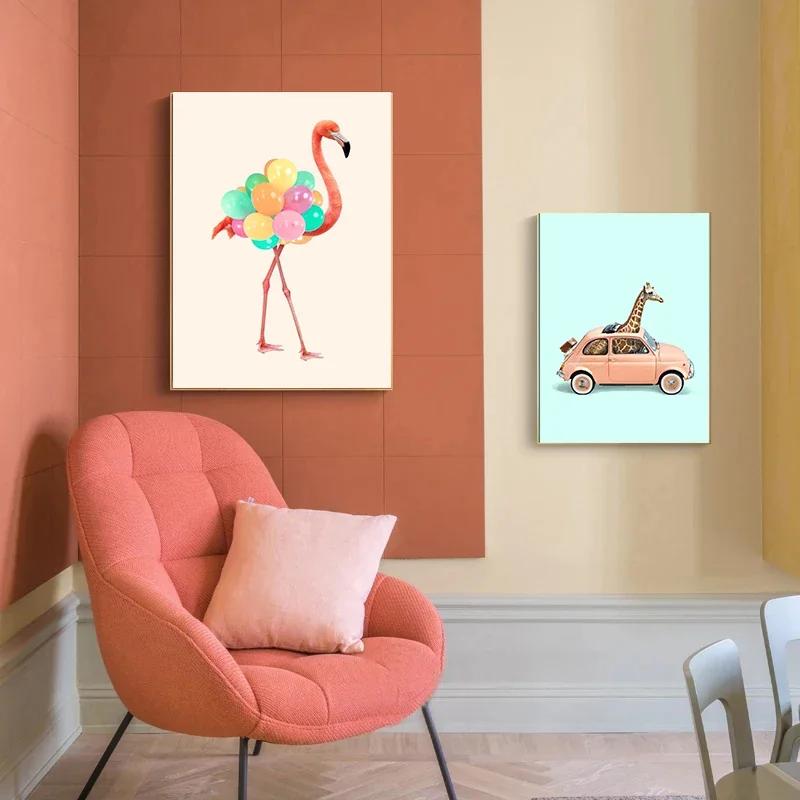 Fashion Giraffe Zebra Flamingo Party Pink Poster Animals Wall Art Canvas Painting Posters for Living Room Modern Home Decor