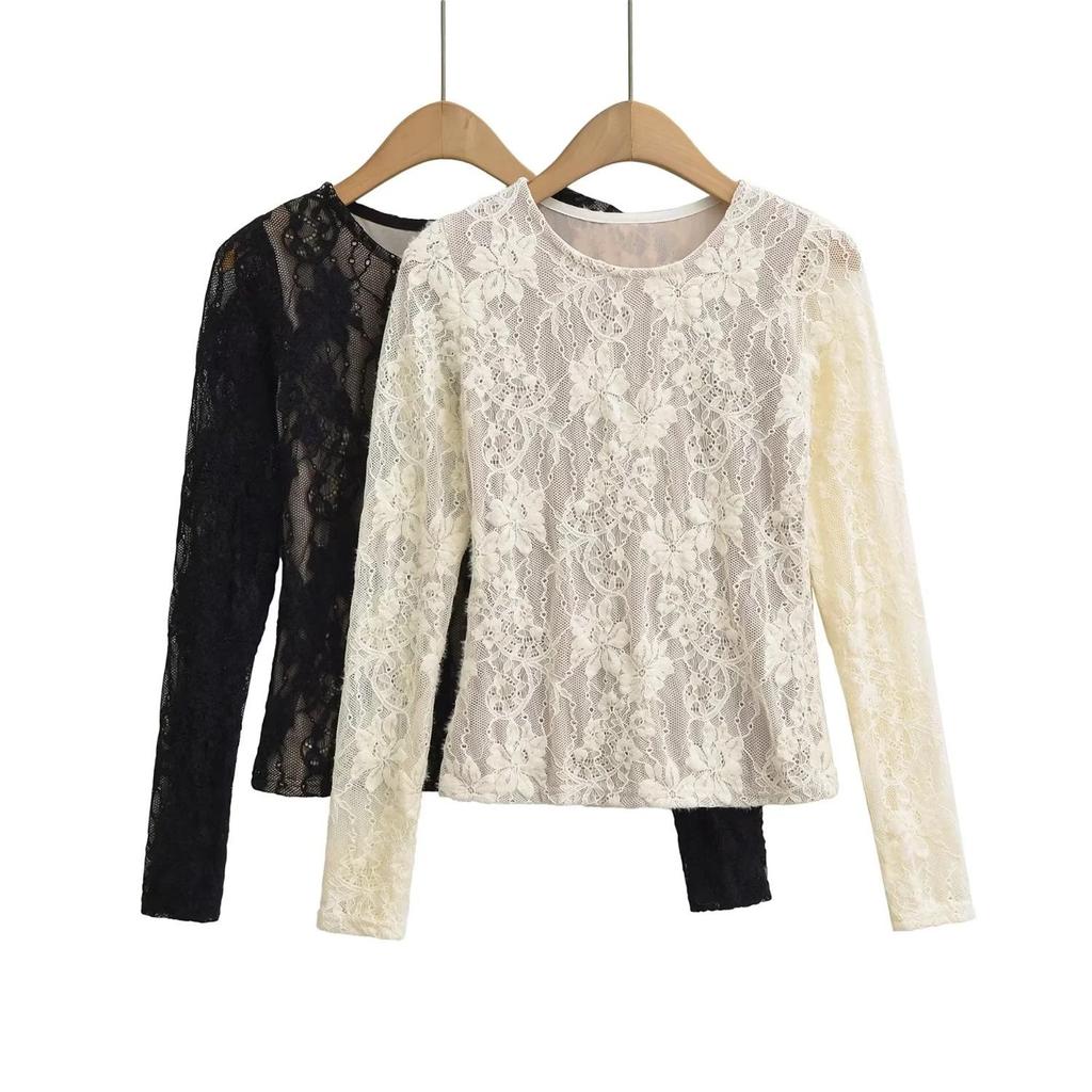 Stylish Double Layer Jacquard Mesh Top: Round Neck, Long Sleeve, Sexy Autumn Wear for Women