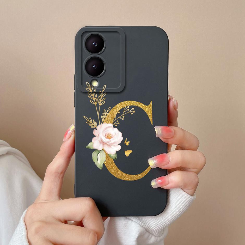 Case For VIVO Y17S 4G A To Z Cute Flower Letter Pattern Smooth Liquid Silicone Shell For VIVOY17S Y17s 4G Fashion Couple Fundas