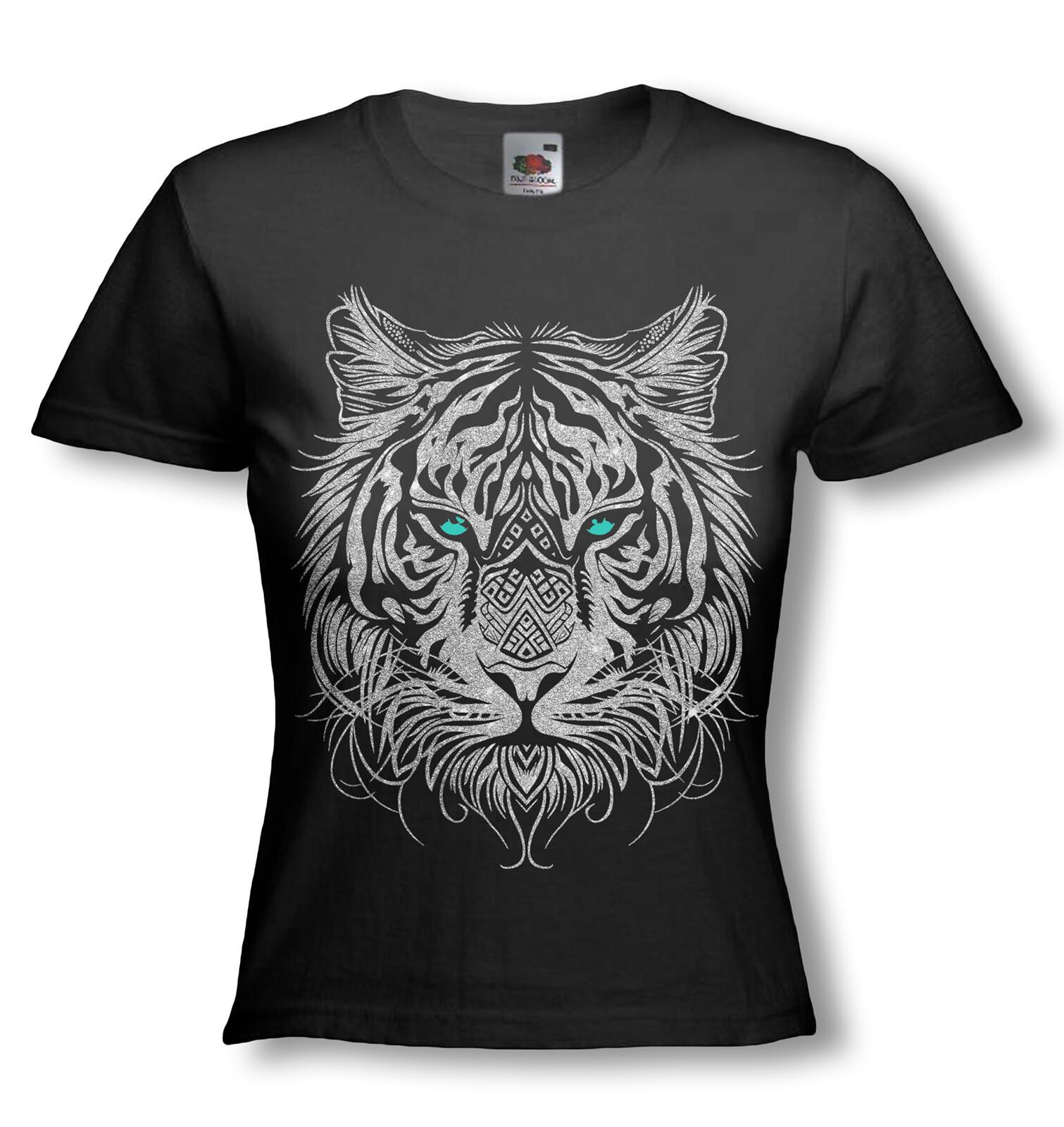 Ladies Fitted Tribal Tiger Tee: Glittering Color Options! Big Cat Lovers 100% Cotton T-shirt Mens Tees Top L