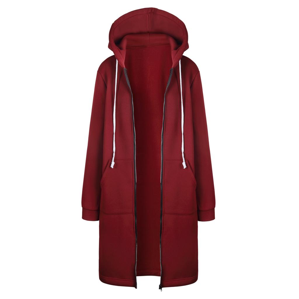 Pullover Damen Mittel und Lang Fleece Tasche Kapuze Reißverschluss Trenchcoat Damen