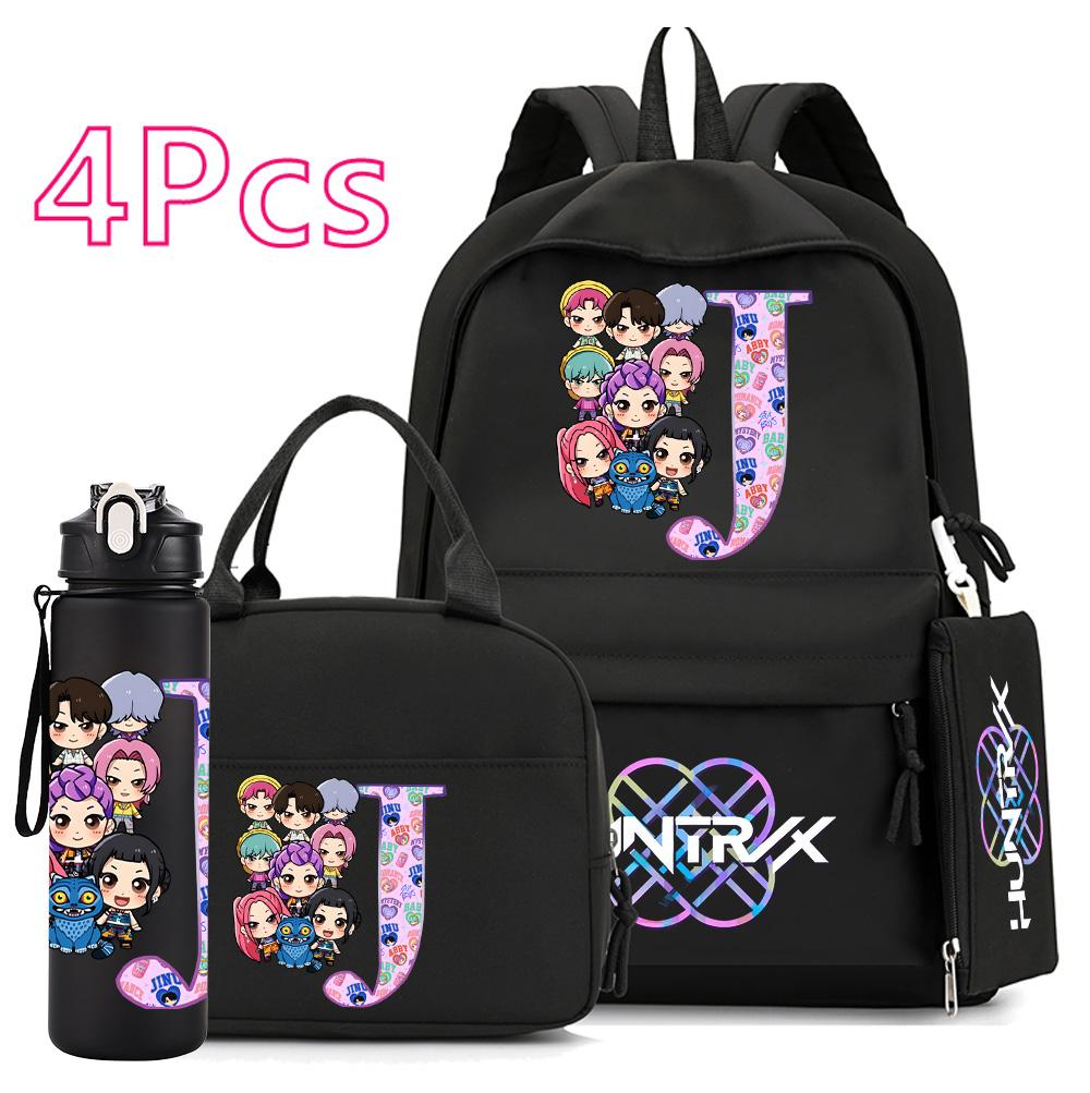 4 Stück/Set K-Pop Bedruckte 750 ml Wasserflasche Rucksack Handtasche Federmäppchen für Teenager Junge Mädchen Schultasche Große Kapazität wasserdicht Bücherrucksack Mochila