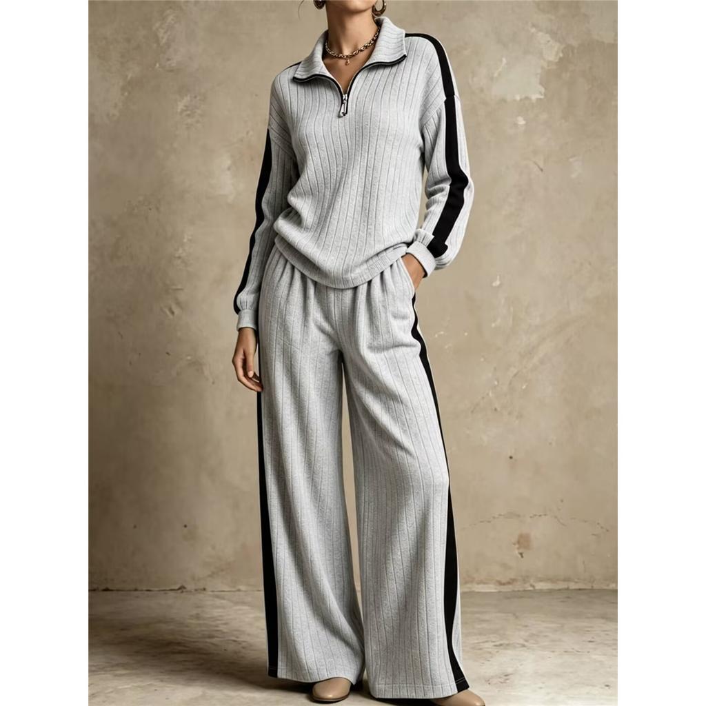 Women Ribbed Knit Two Piece Set Half Zip Collar Long Sleeve Top And Wide Leg Pants Casual Knitted Tracksuit Ladies Outfit