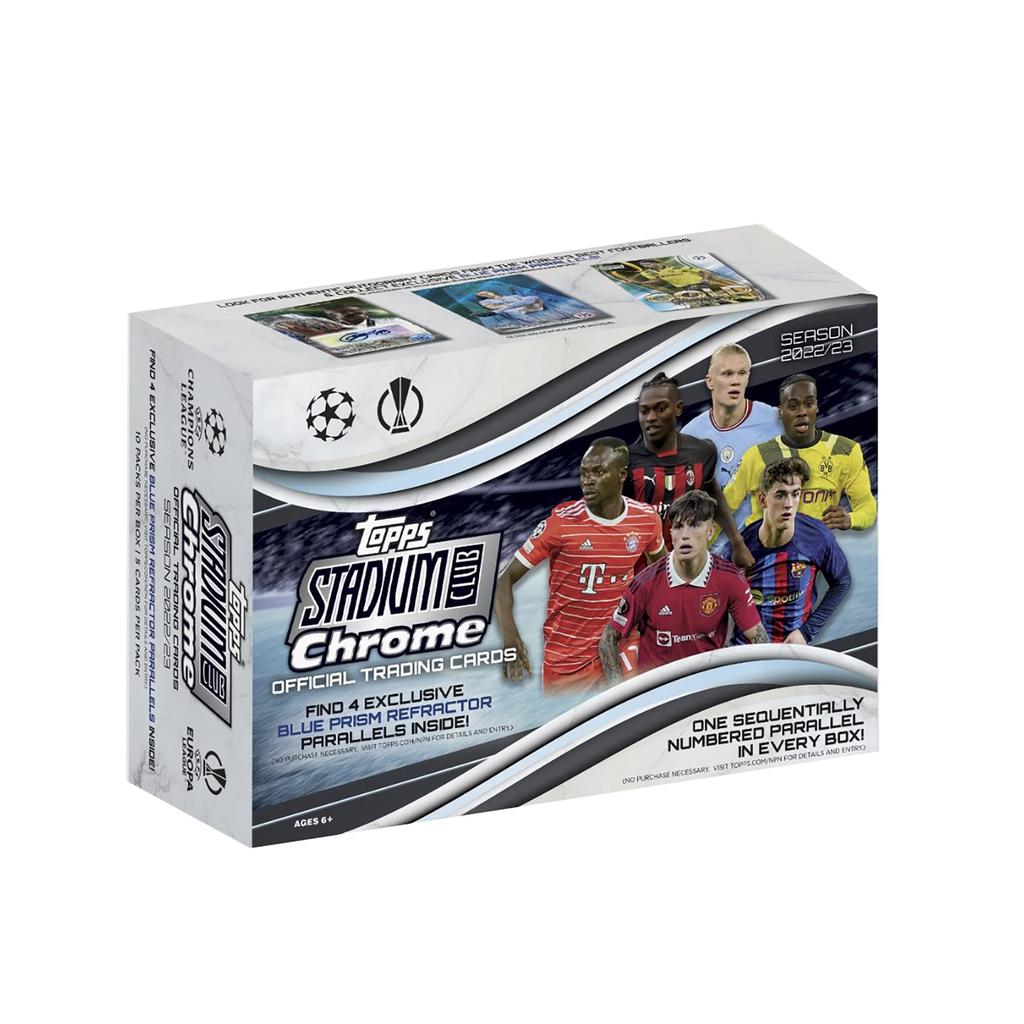2022/23 Topps Stadium Club Chrome UEFA Club Competition Giant Box - 10 Packs Per Box, Black.