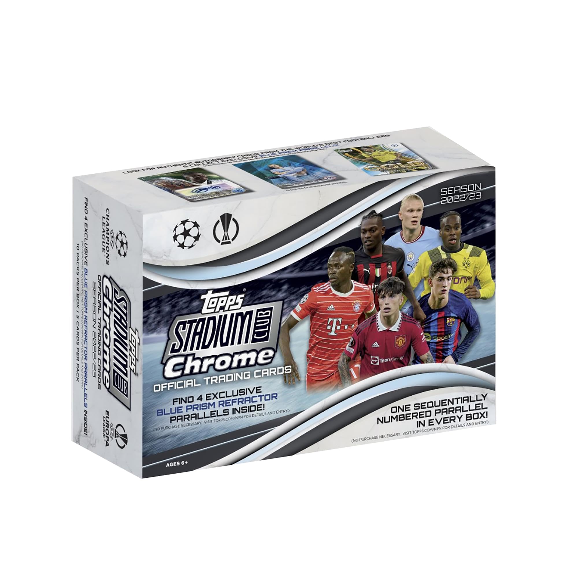 

2022/23 Topps Stadium Club Chrome UEFA Club Competition Giant Box - 10 Packs per Box, Black.