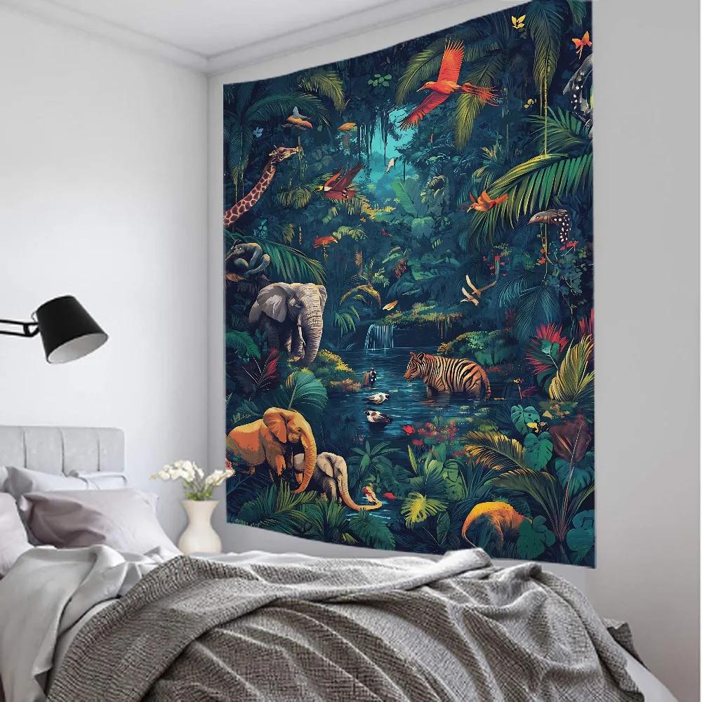 Psychedelic Hippie Jungle Animal Tapestry Wall Hanging Owl Tiger Elephant Flower Bird Background Home Decor