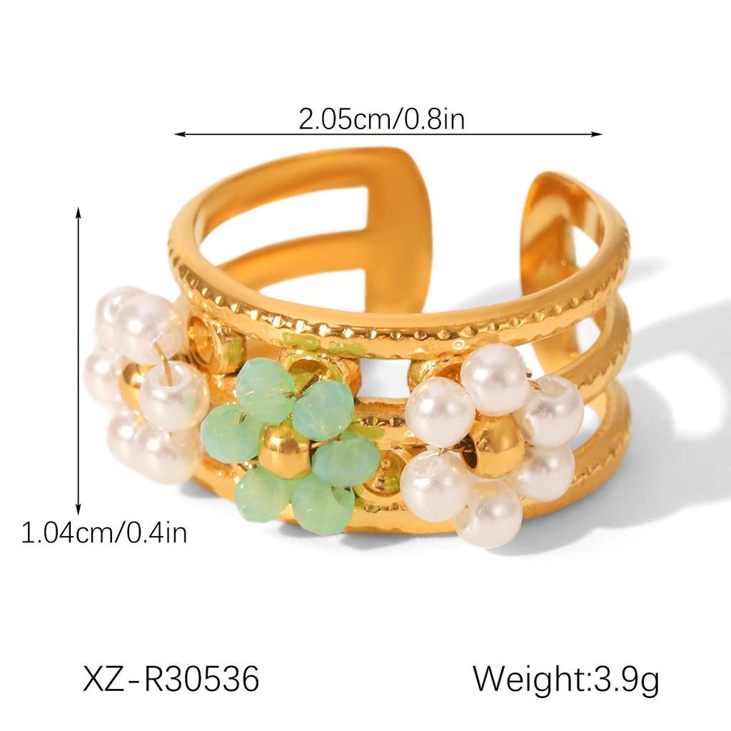 European and American Pearl Flower Stainless Steel Open Ring – High-End, Non-Fading Titanium Steel for Women