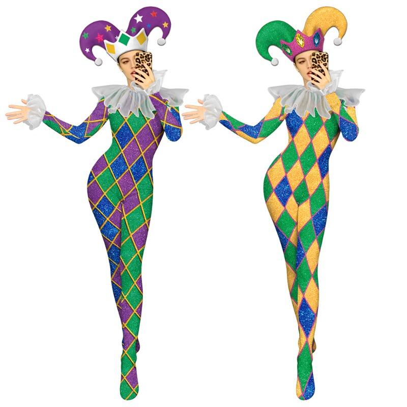 Harlekin Spaßmacher Clown Bodysuit, 3D Diamantdruck Jumpsuit, Halloween Karneval Cosplay Party Kostüm für Damen