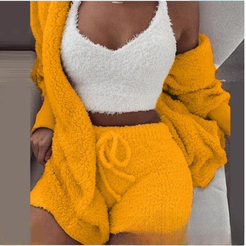 Women's Loose Fit Three Piece Loungewear Long Sleeve Fuzzy Cardigan V Neck Tank Drawstring Waist Shorts Winter Solid Tracksuit